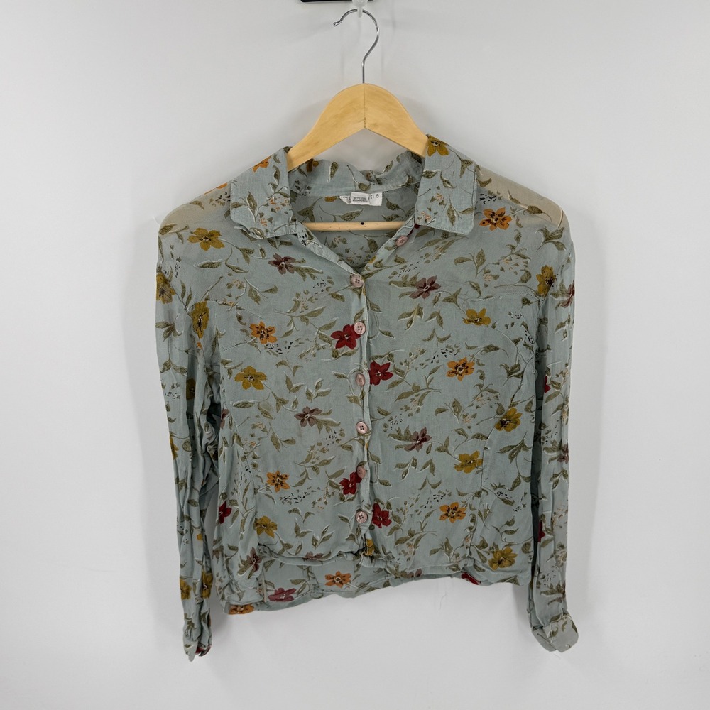 Vintage Magazine Floral Rayon Button Front Collared Crop Blouse Green Size L